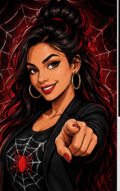 Spider Web Agent spokesperson pointing at viewer with red spider web background